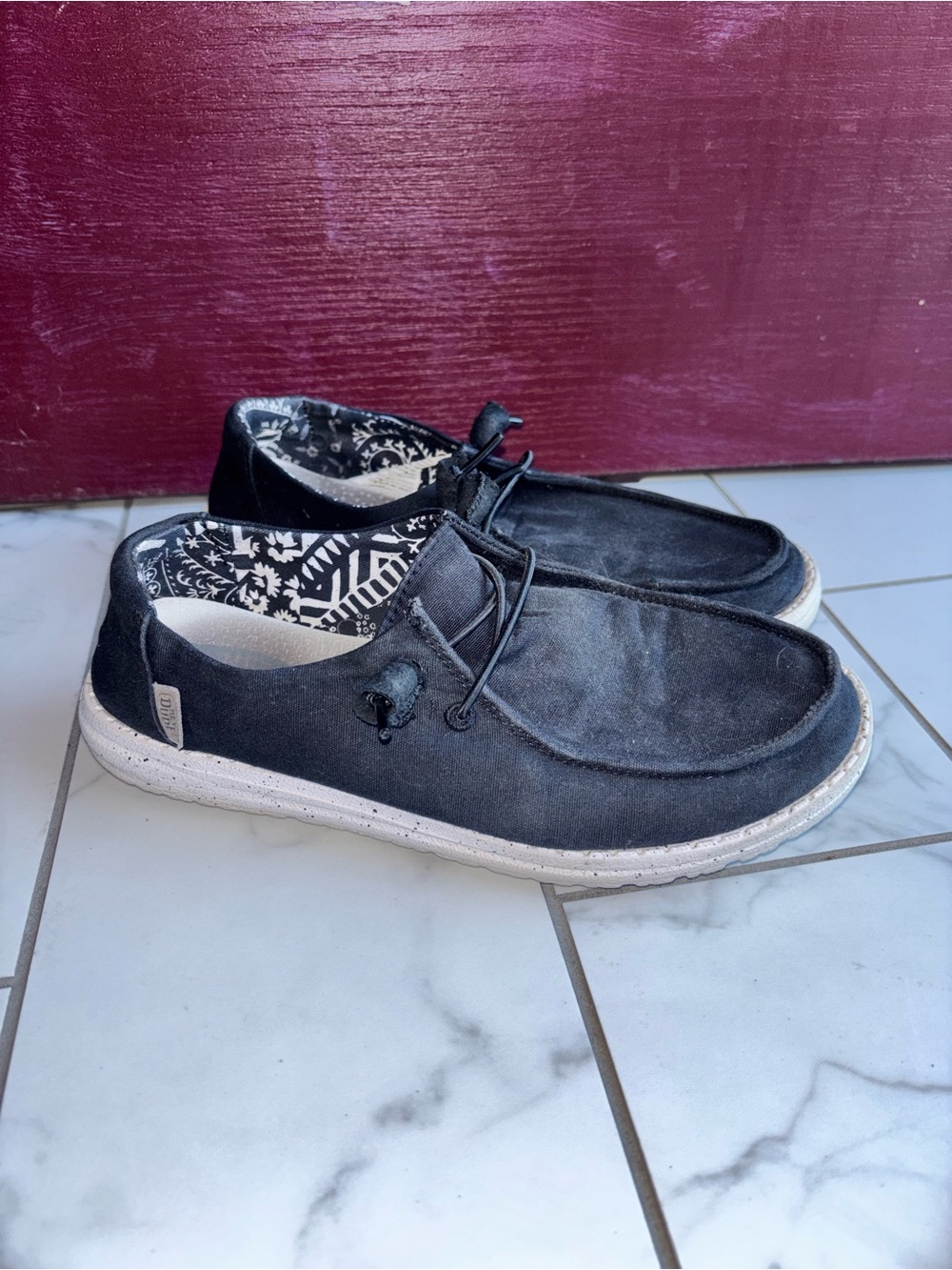 Hey Dude Women's Black Slip-On Loafers with Patterned Lining